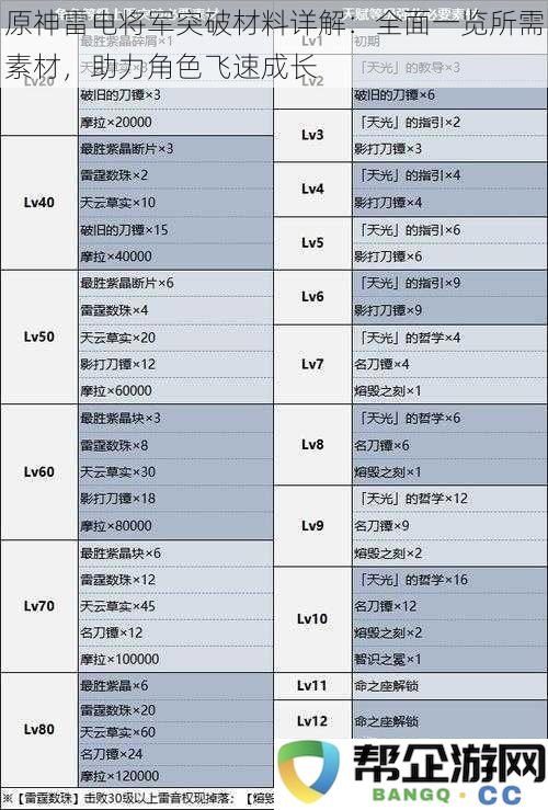 原神雷电将军突破材料详解：全面一览所需素材，助力角色飞速成长