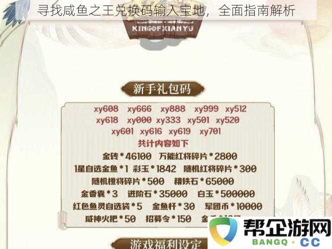 寻找咸鱼之王兑换码输入宝地，全面指南解析